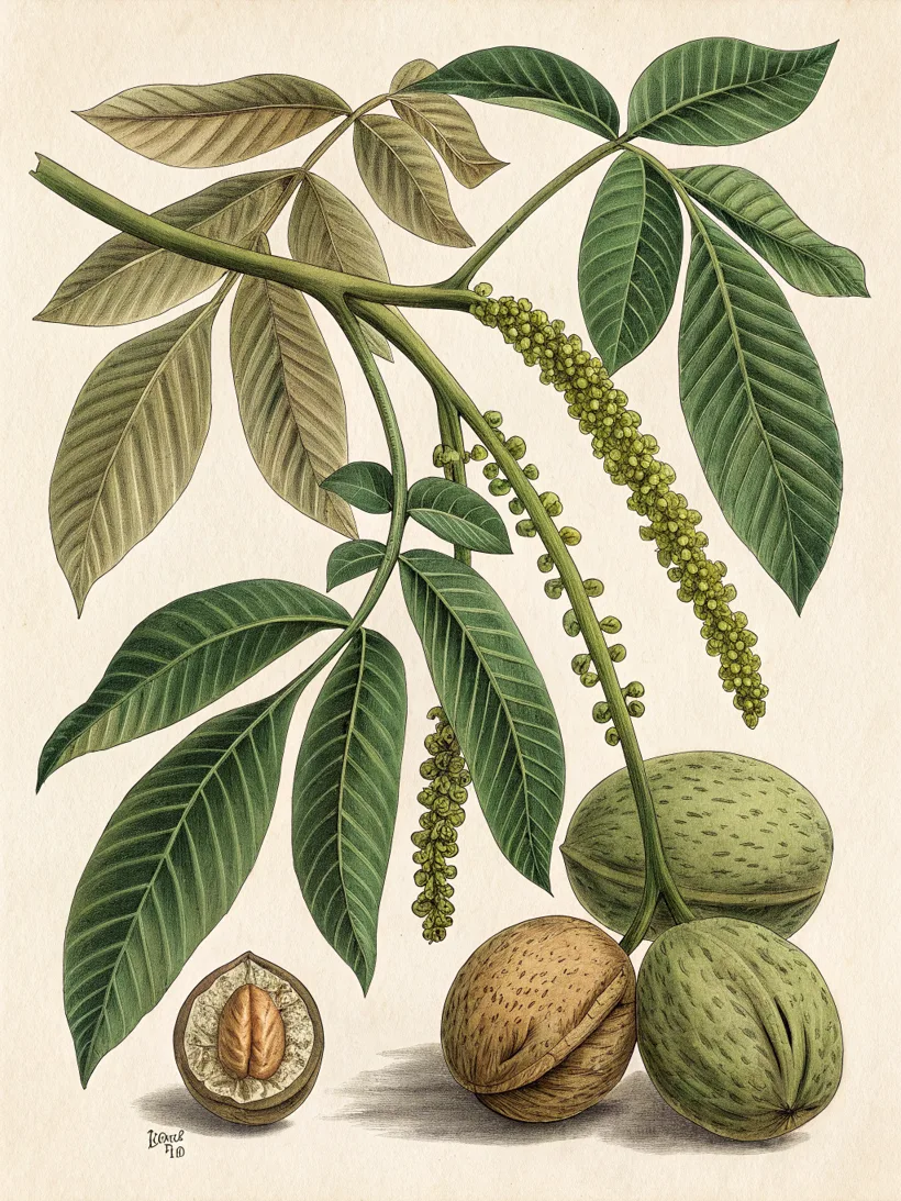 Botanische plaat van Notelaar (Juglans regia)